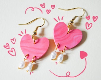 Barbie Pink Heart Shaped Earrings with two Pearl Beads, Marbled Pink Heart Hook Earrings, Romantic Heart Earrings with Dainty Pearls