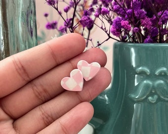 Checkered Heart Stud Earrings, Pink and White or Yellow and White Danish Pastel Aesthetic Dainty Heart Shaped Studs, Checkerboard Pattern