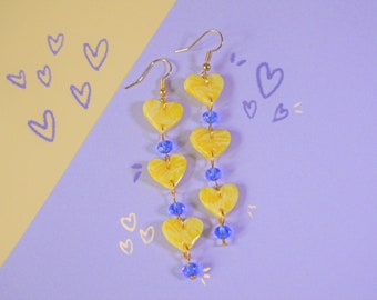 Crystal Heart Earrings, Dangly Beaded Earrings, Handmade Aesthetic Long Earrings, Yellow and Lilac Earrings