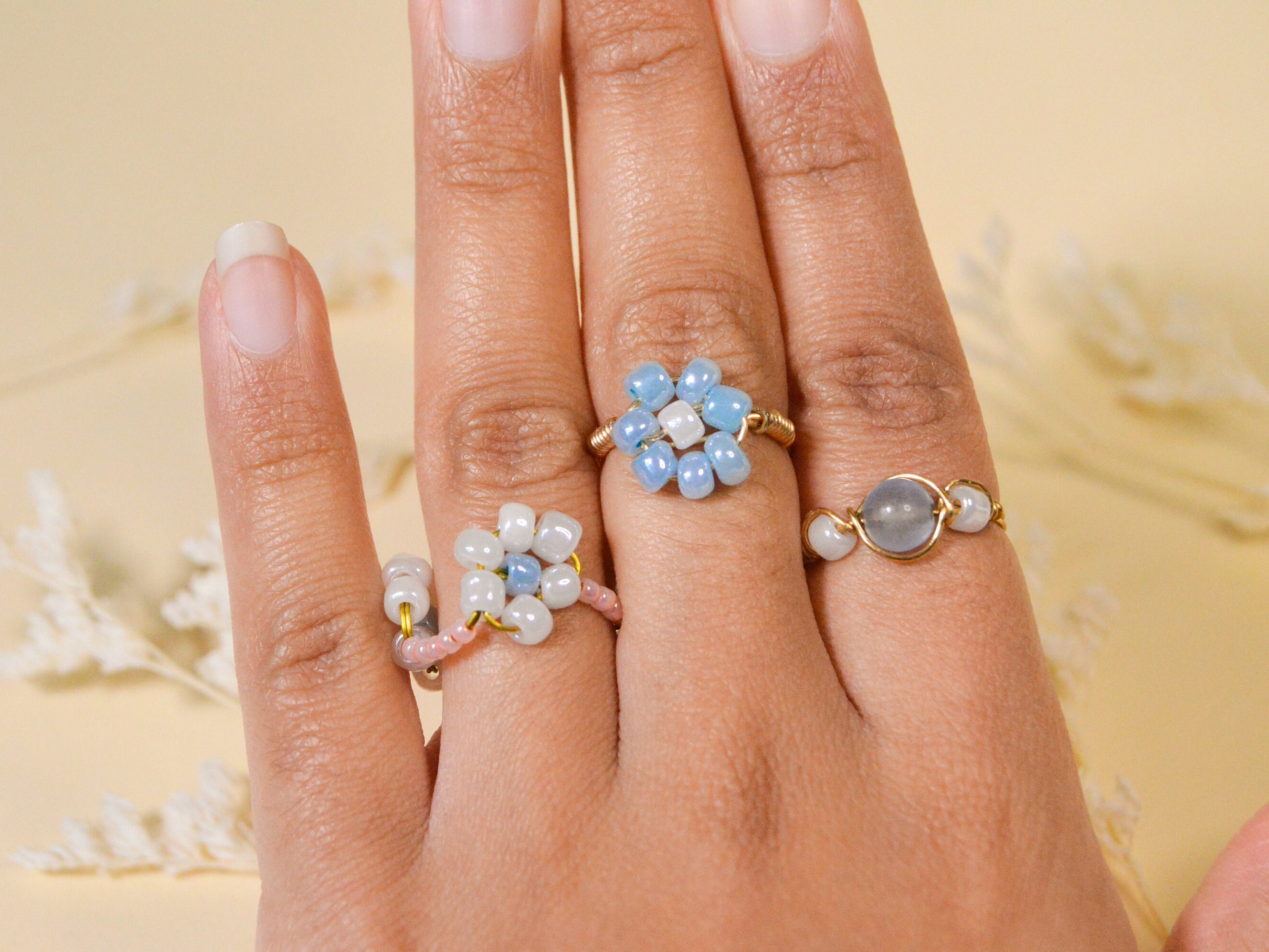 Set of 3 Dainty Blue Rings, Blue Gem Beaded Ring, Blue Flower Beaded ...
