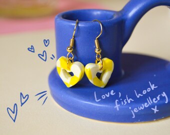 Dainty Checkered Heart Cut Out Earrings, Yellow and White Check Earrings, Handmade Dainty Earrings