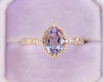 Alexandrite Engagement Ring Vintage Alexandrite Engagement Ring Alexandrite Wedding Ring Rose Gold Alexandrite Ring Set Color Changing Stone