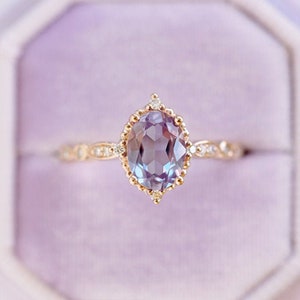 Alexandrite Engagement Ring Vintage Alexandrite Engagement Ring Alexandrite Wedding Ring Rose Gold Alexandrite Ring Set Color Changing Stone image 1