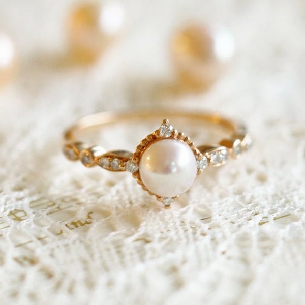 Bague de fiançailles en perles d'Akoya vintage Bague de mariage en perles Bague de fiançailles en perles d'or rose Bague en perles de platine Bague en perles de diamant