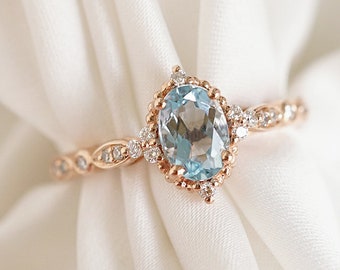 Aquamarine Engagement Ring Rose Gold Aquamarine Engagement Ring Platinum Aquamarine Wedding Ring Vintage Aquamarine Ring Set Aquamarine Ring