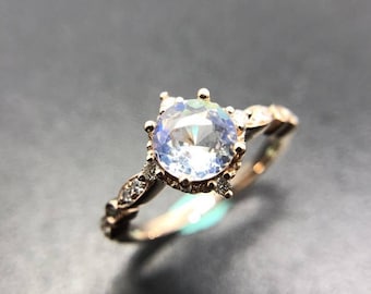 Vintage Moonstone Engagement Ring Diamond Moonstone Ring Moosntone Wedding Ring Rainbow Moonstone Ring Rose Gold Engagement Ring