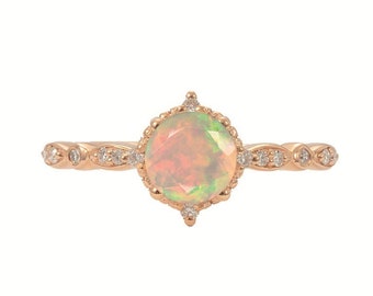 Opal Enagegement Ring Vintage Rose Gold Opal Engagement Ring Fire Opal Wedding Ring Vintage Antique Opal Diamond Engagement Ring