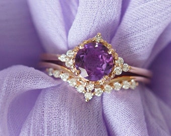 Amethyst Engagement Ring Diamond Amethyst Engagement Ring Vintage Antique Amethyst Engagement Ring Wedding 14k 18k Platinum Rose Gold Ring