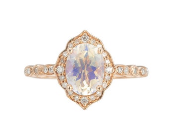 Floral Moonstone Engagement Ring Rose Gold Blue Moonstone Engagement Ring Platinum White Gold Moonstone Wedding Ring Vintage Moonstone Ring