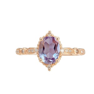 Alexandrite Engagement Ring Vintage Alexandrite Engagement Ring Alexandrite Wedding Ring Rose Gold Alexandrite Ring Set Color Changing Stone image 2