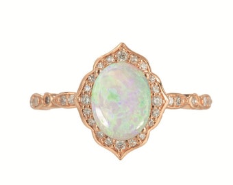 Floral Opal Engagement Ring Vintage Opal Wedding Ring Rose Gold Australian Opal Bridal Set Opal Wedding Set Platinum White Gold Opal Ring
