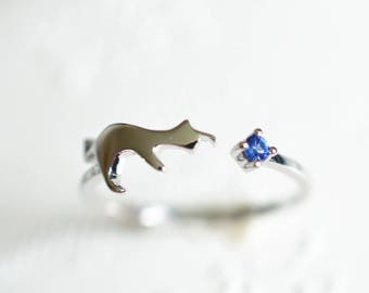 Cat Engagement Ring Blue Sapphire Engagement Ring Cat Wedding Ring White Gold Cat Ring 14k Gold 18k Gold Cat Ring Blue Sapphire Ring