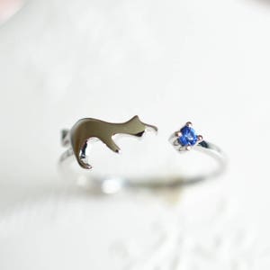 Cat Engagement Ring Blue Sapphire Engagement Ring Cat Wedding Ring White Gold Cat Ring 14k Gold 18k Gold Cat Ring Blue Sapphire Ring image 1