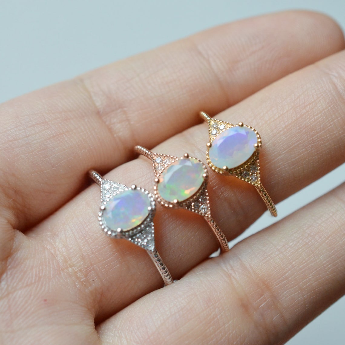 Rose Gold Opal Engagement Ring Sets Vintage Opal Wedding Ring | Etsy