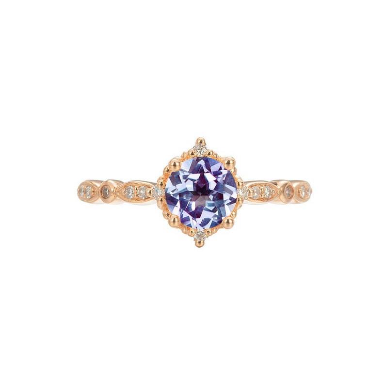 Alexandrite Engagement Ring Vintage Alexandrite Engagement Ring Alexandrite Wedding Ring Rose Gold Alexandrite Ring Set Color Changing Stone image 2