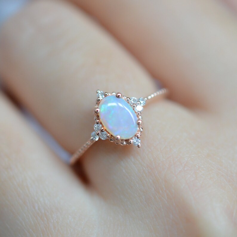Opal Wedding Rings Diamond Opal Engagement Ring Rose Gold Opal | Etsy