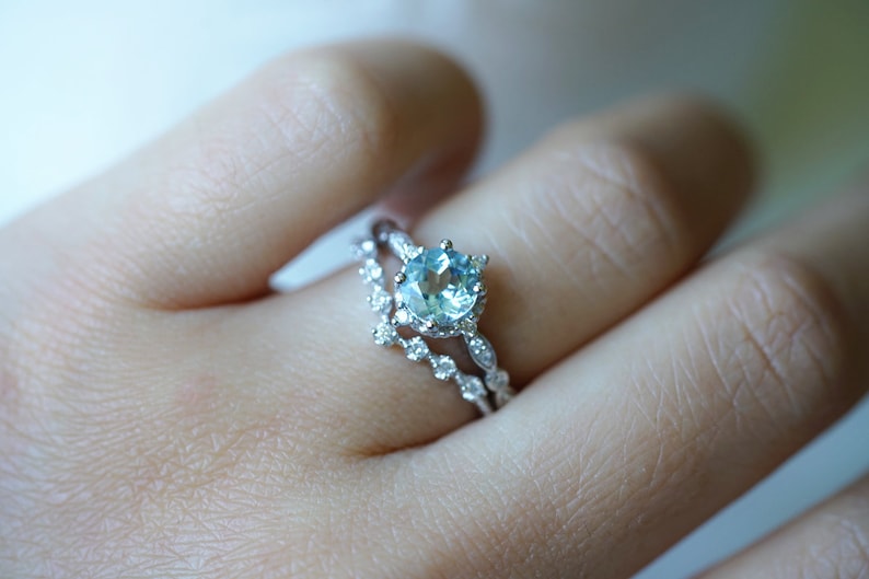 Aquamarine Engagement Ring White Gold Platinum Aquamarine Engagement Ring Antique Vintage Aquamarine Engagement Ring Aquamarine Wedding Ring image 4