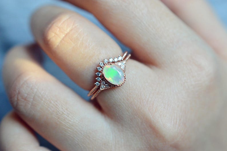 Rose Gold Opal Engagement Ring Sets Vintage Opal Wedding Ring | Etsy