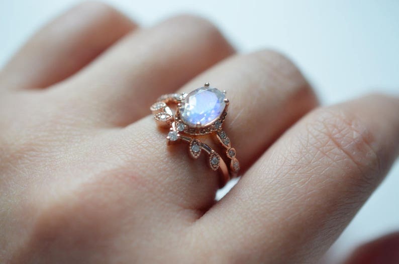 Moonstone Engagement Ring Rose Gold Blue Moonstone Engagement Ring Platinum White Gold Moonstone Wedding Ring Antique Vintage Moonstone Ring image 10