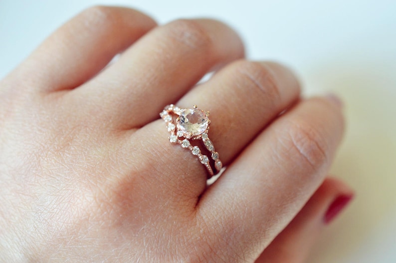 Morganite Engagement Ring Rose Gold Morganite Engagement Ring Vintage Morganite Engagement Ring Antique Morganite Wedding Ring Morganite Set imagem 7