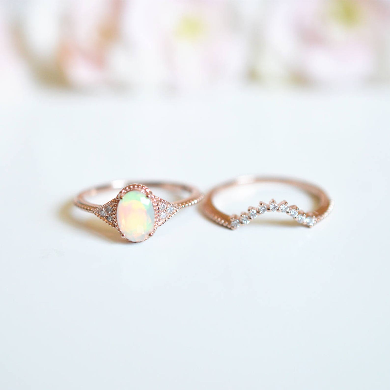 Rose Gold Opal Engagement Ring Sets Vintage Opal Wedding Ring Etsy