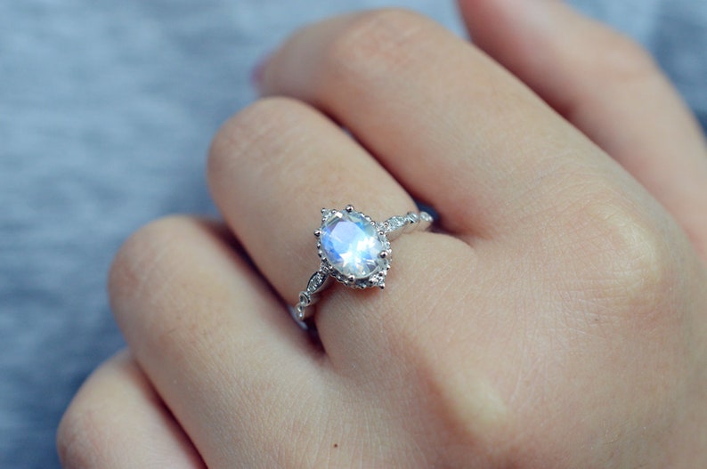 Moonstone Engagement Ring Rose Gold Blue Moonstone Engagement Ring Platinum White Gold Moonstone Wedding Ring Antique Vintage Moonstone Ring image 5