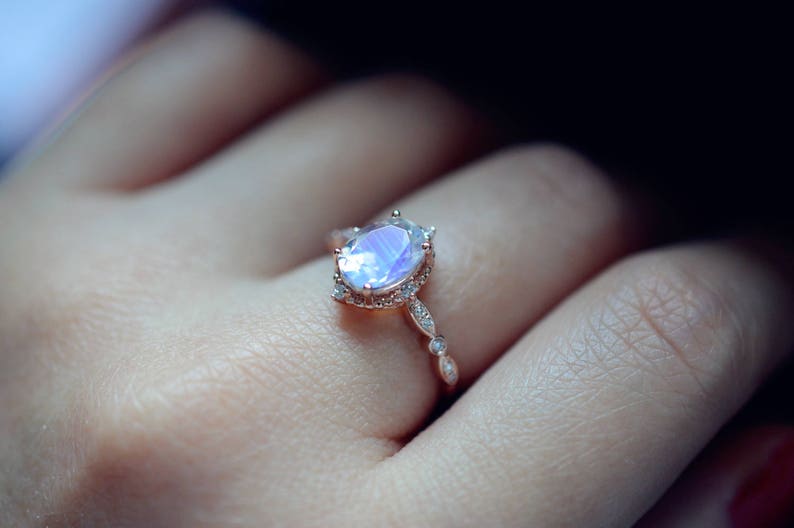 Moonstone Engagement Ring Rose Gold Blue Moonstone Engagement Ring Platinum White Gold Moonstone Wedding Ring Antique Vintage Moonstone Ring image 9