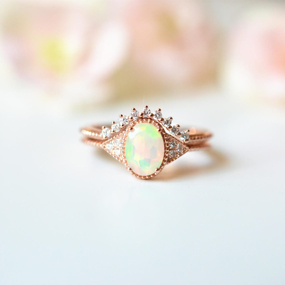 Rose Gold Opal Engagement Ring Sets Vintage Opal Wedding