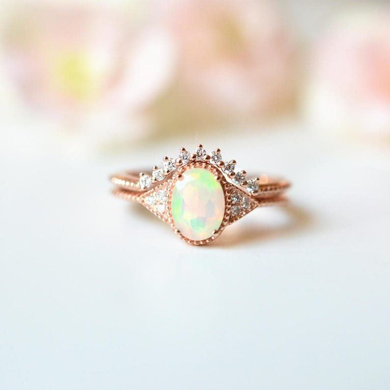 Rose Gold Opal Engagement Ring Sets Vintage Opal Wedding Ring | Etsy