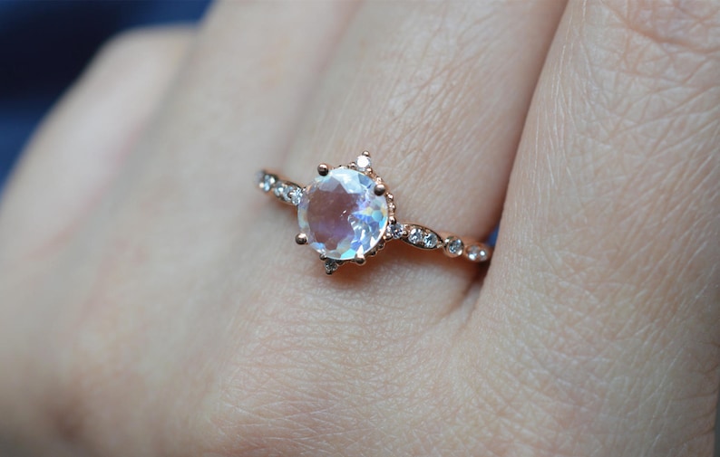 Vintage Moonstone Engagement Ring Diamond Moonstone Ring Moosntone Wedding Ring Rainbow Moonstone Ring Rose Gold Engagement Ring image 8