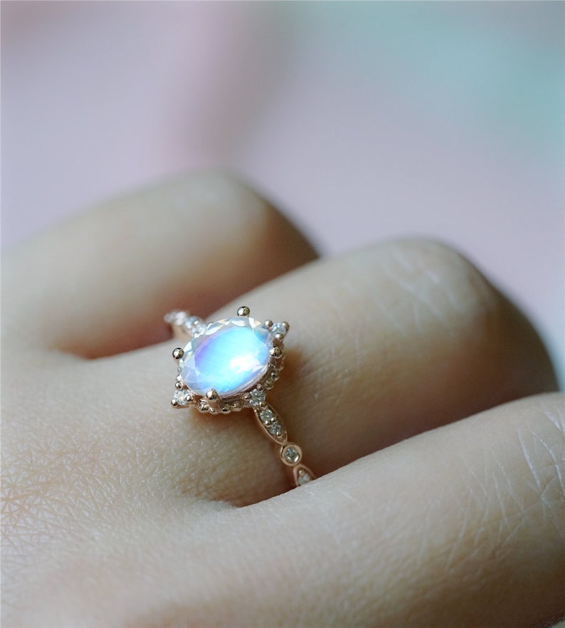 Moonstone Engagement Ring Rose Gold Blue Moonstone Engagement Ring Platinum White Gold Moonstone Wedding Ring Antique Vintage Moonstone Ring image 7