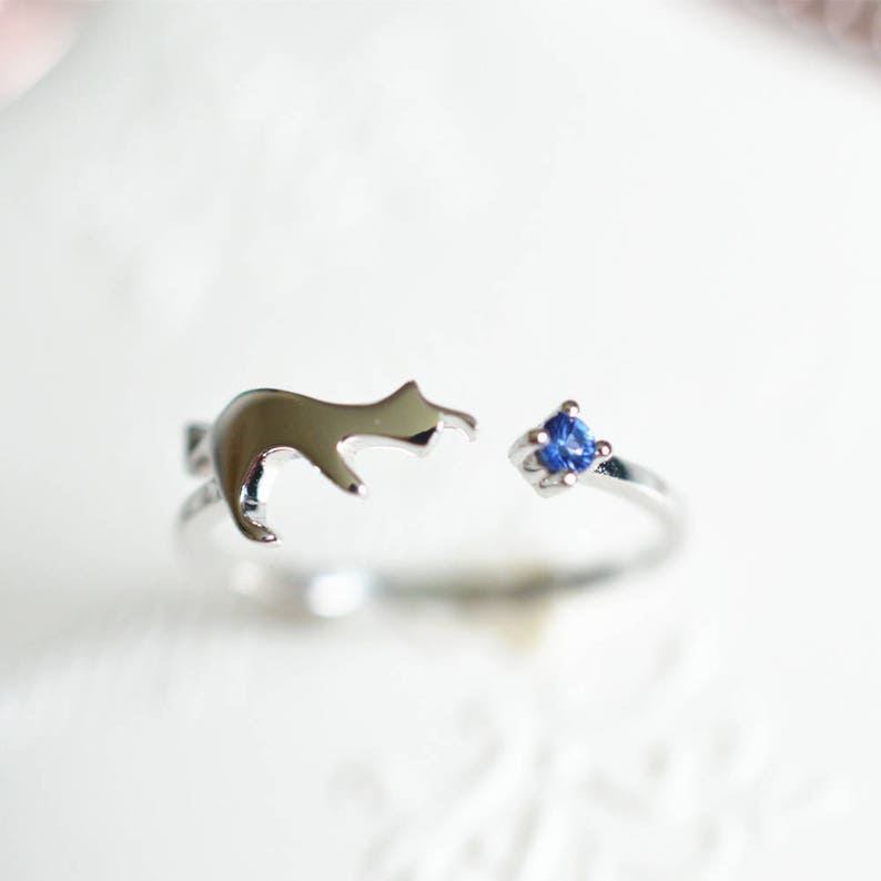 Cat Engagement Ring Blue Sapphire Engagement Ring Cat Wedding Ring White Gold Cat Ring 14k Gold 18k Gold Cat Ring Blue Sapphire Ring image 1