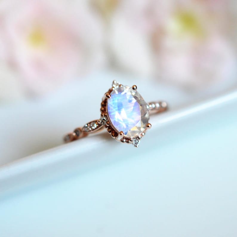 Moonstone Engagement Ring Rose Gold Blue Moonstone Engagement Ring Platinum White Gold Moonstone Wedding Ring Antique Vintage Moonstone Ring image 8