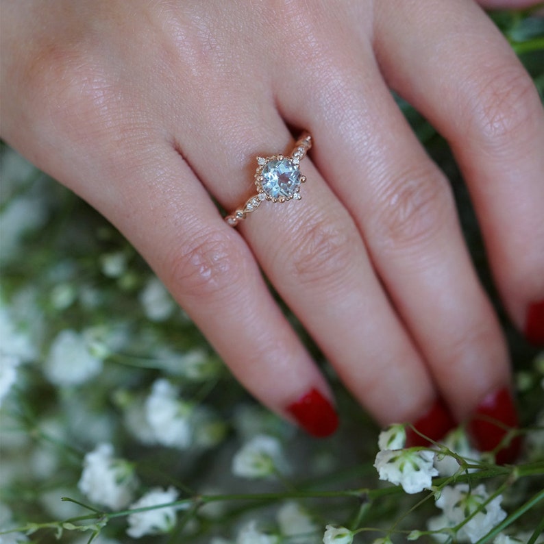 Aquamarine Engagement Ring White Gold Platinum Aquamarine Engagement Ring Antique Vintage Aquamarine Engagement Ring Aquamarine Wedding Ring image 3