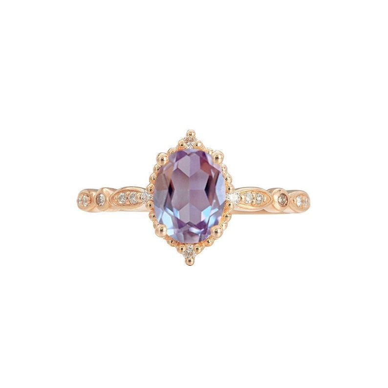 Alexandrite Engagement Ring Vintage Alexandrite Engagement Ring Alexandrite Wedding Ring Rose Gold Alexandrite Ring Set Color Changing Stone image 2