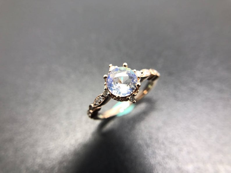 Vintage Moonstone Engagement Ring Diamond Moonstone Ring Moosntone Wedding Ring Rainbow Moonstone Ring Rose Gold Engagement Ring image 1