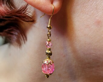 Pink Crackle Crystal and Gold Earrings