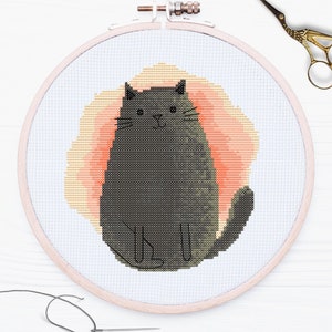 Chubby Black Cat cross stitch pattern, fat cat cross stitch chart, cute kitty, cute cat cross stitch, embroidery pattern, pdf pattern