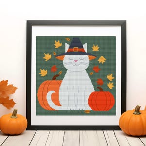 Halloween White Cat cross stitch pattern, witch cat, fall leaves, pumpkins, autumn cross stitch chart, pdf cross stitch pattern, familiar