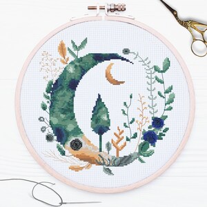 Bosque Lunar 1 patrón punto de cruz, punto de cruz luna creciente, punto de cruz naturaleza, cielo nocturno, boho, patrón de bordado floral, patrón pdf