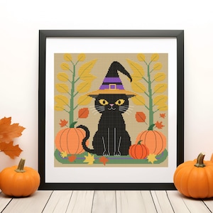 Halloween Black Cat cross stitch pattern, witch cat, fall leaves, pumpkins, autumn cross stitch chart, pdf cross stitch pattern, familiar