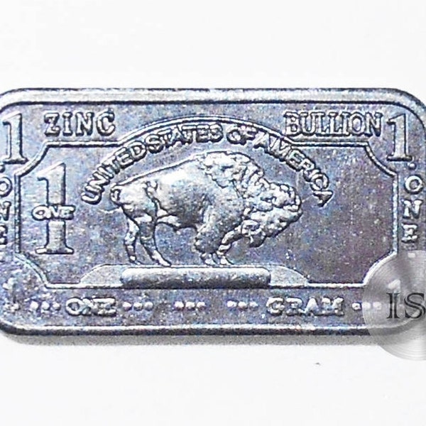 Lingot de zinc fin .999, lingot de buffle/bison pur d'un gramme, faisant partie d'une série unique de collection 1 g Dimensions 15 mm x 8 mm Métaux élémentaires