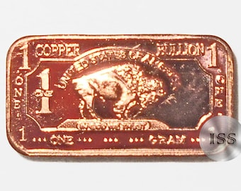 Fine Copper Buffalo Bar, 1 gram .999 Pure Ingot, Collectible Series