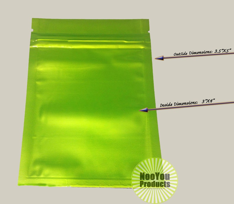 Press /& Zip Heat-Seal Durable Resealable Reusable Storage Green 3.5x5 Shiny Mylar Foil Bag UV Resistant Smell Proof Package Tear-Tab
