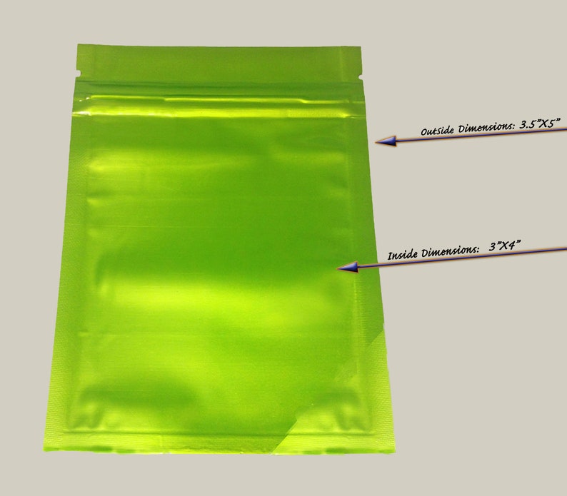 May include: A bright green, resealable plastic bag with a zipper closure. The bag is 3.5 inches by 5 inches on the outside and 3 inches by 4 inches on the inside.