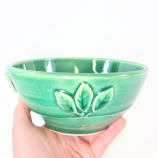 soup bowl pottery bowl ceramic bowl handmade pottery cereal bowl green bowl green pottery botanical decor leaf design celadon glaze