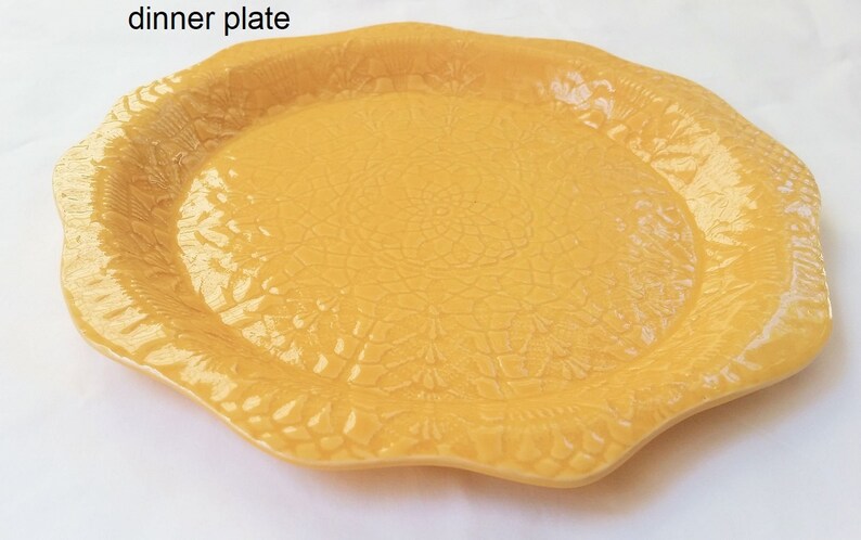 ceramic plate yellow pottery plate lace-impressed handmade pottery