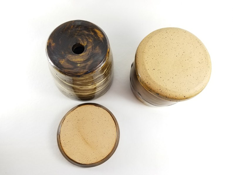 pottery planters ceramic plant pots mug seconds recycled into planters w affixed drip trays- brown pottery planter indoor planter