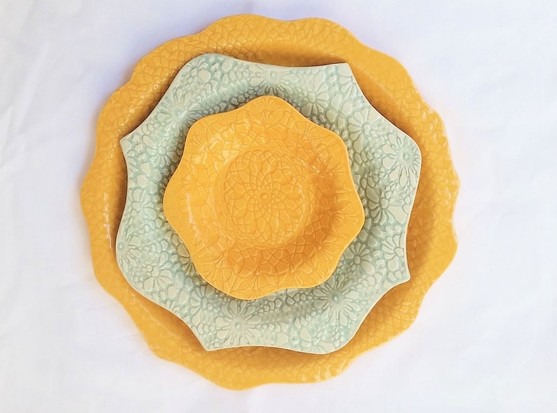 ceramic plate yellow pottery plate lace-impressed handmade pottery
