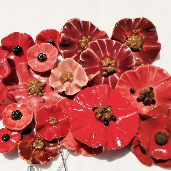 handmade poppy pins for memorial day, pottery flowers, ceramic pins, poppy pins, pottery poppies, veterans day, ceramic jewelry, pottery pin